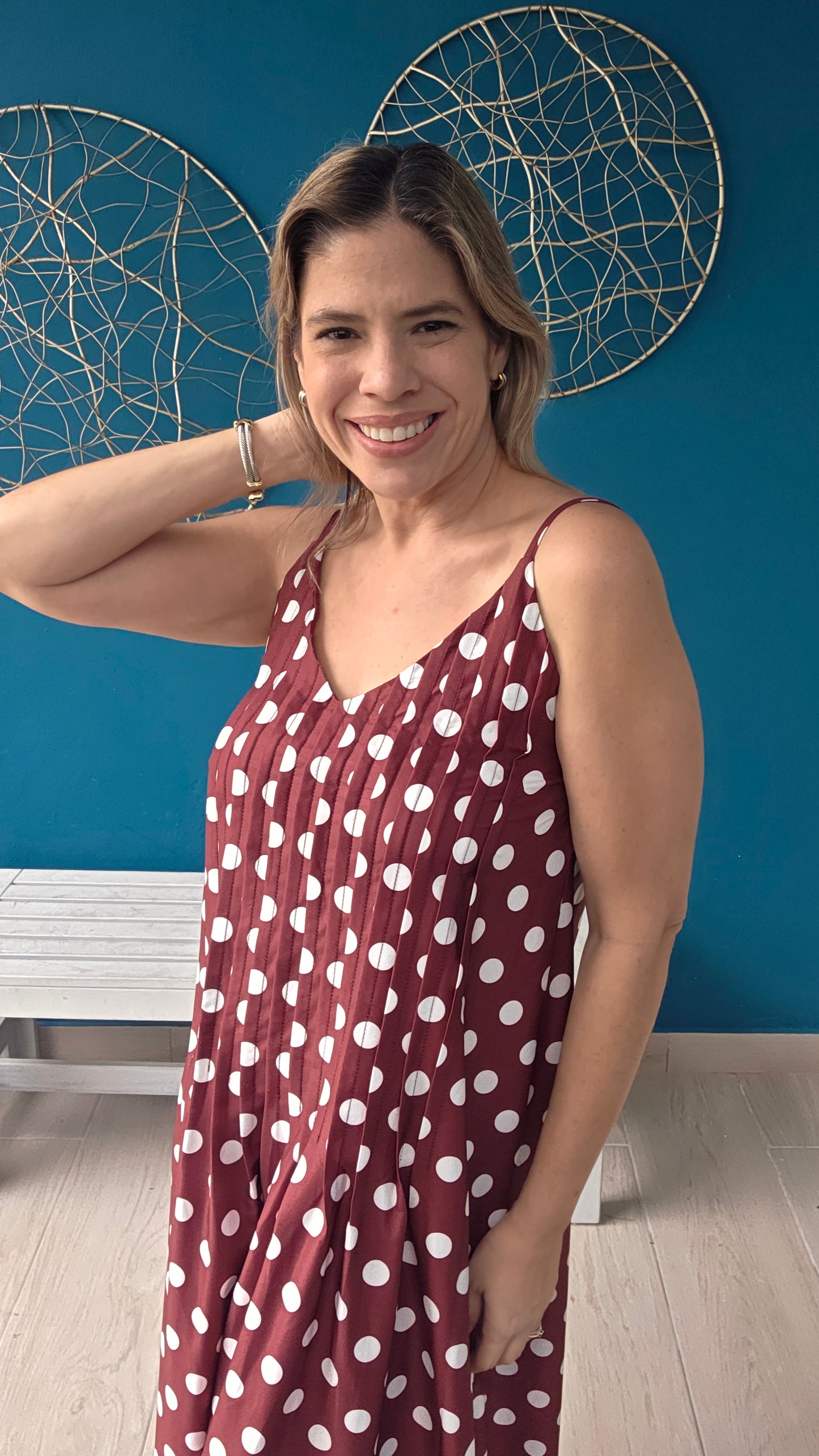 Brown Polka Dots V-neck Maxi Dress