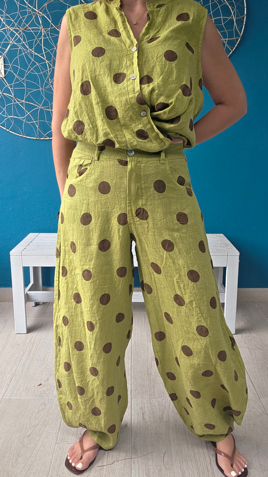 Polka Dot Linen Barrel Pants