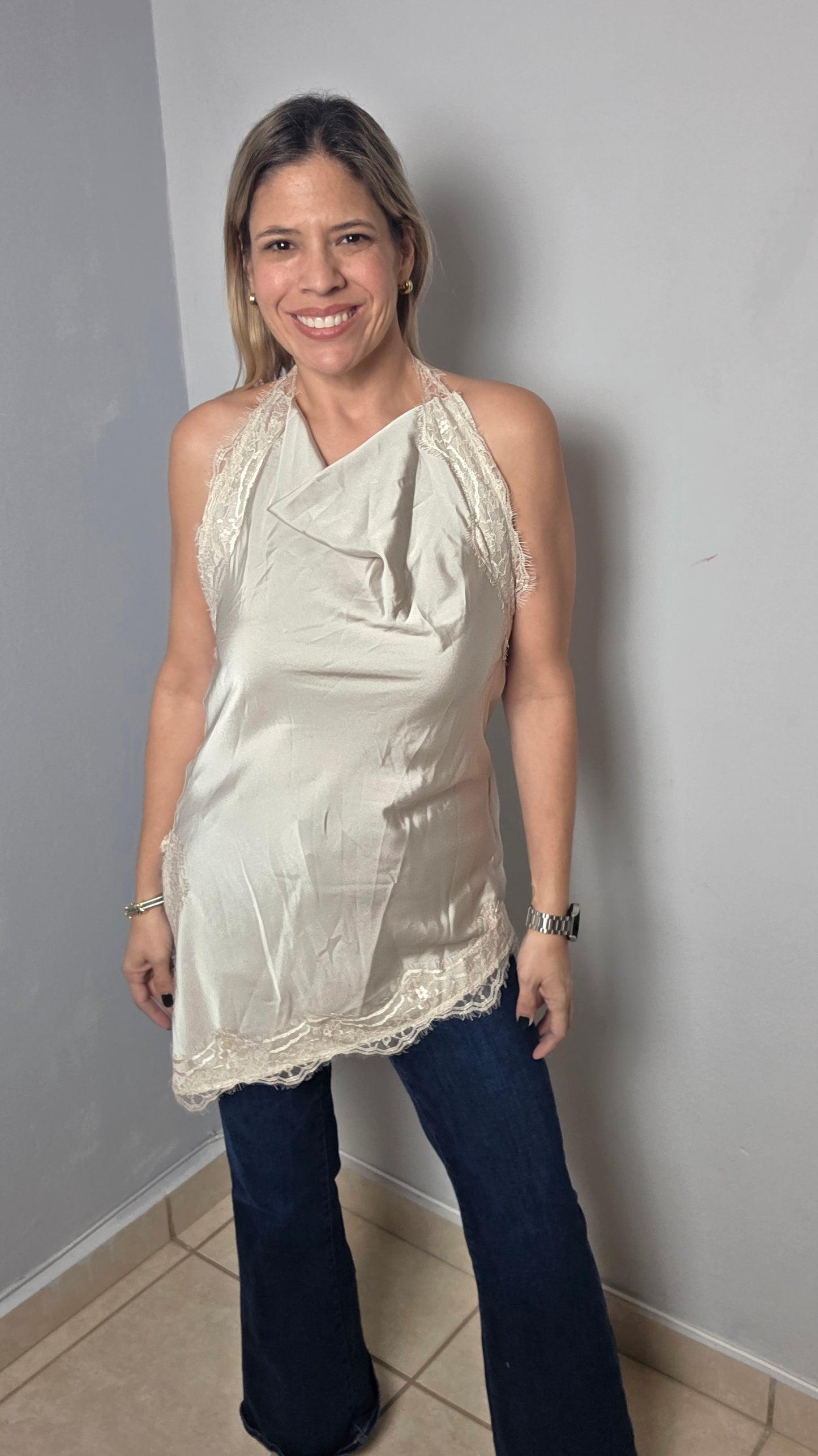 Satin Lace Asymmetrical Halter Top