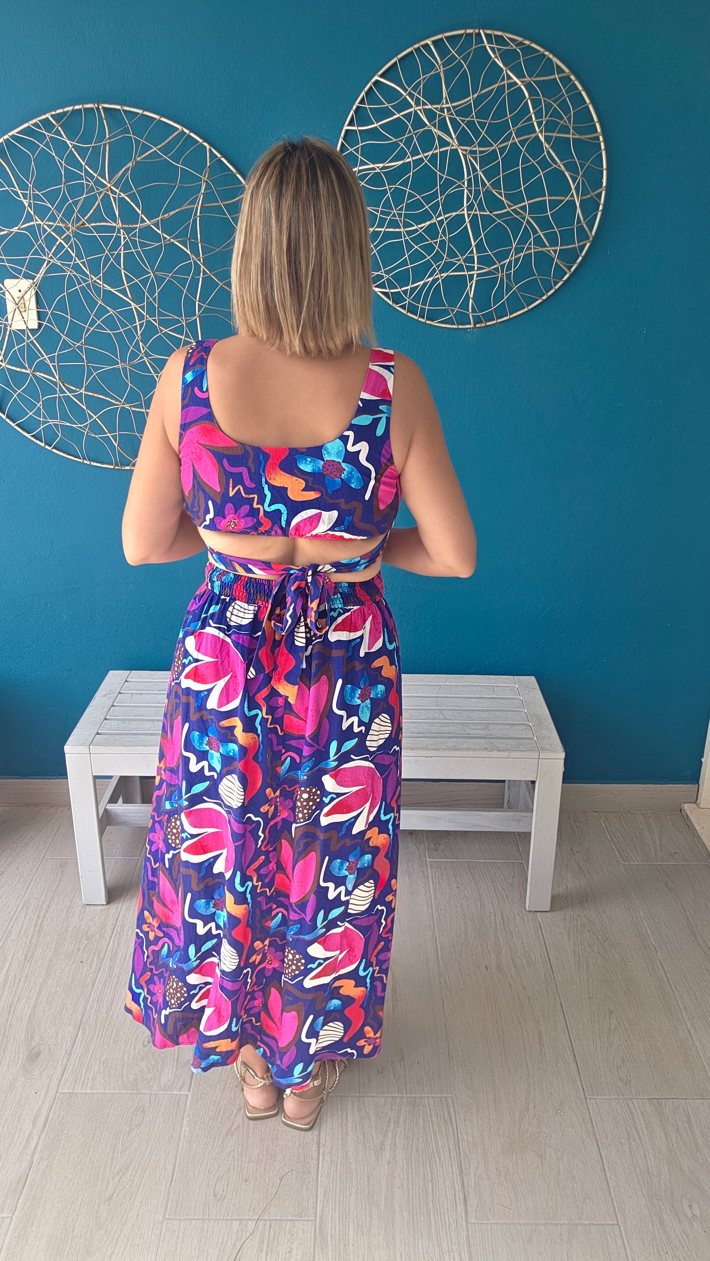 Tie Cut Out Flowers Midi Dress