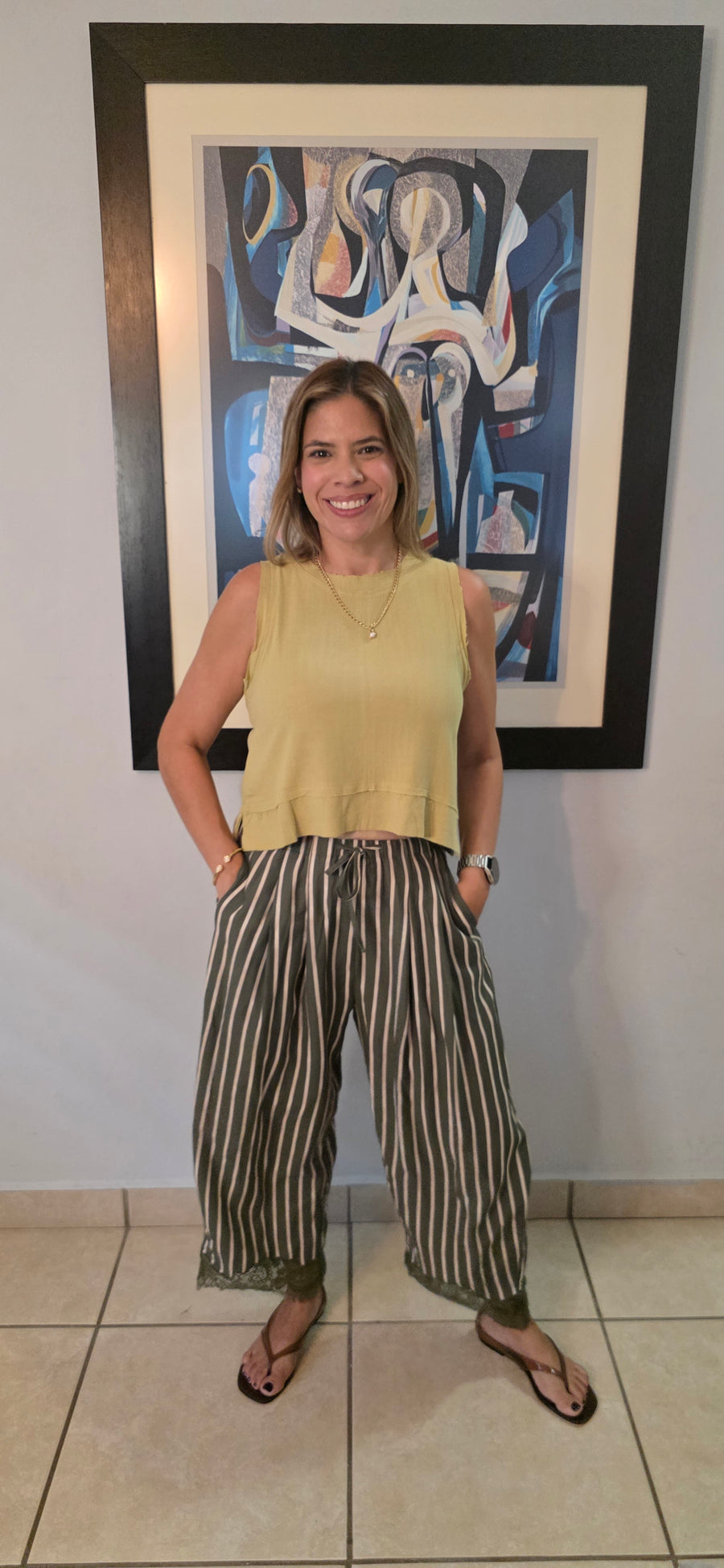 Lace Hem Stripe Barrel Culotte