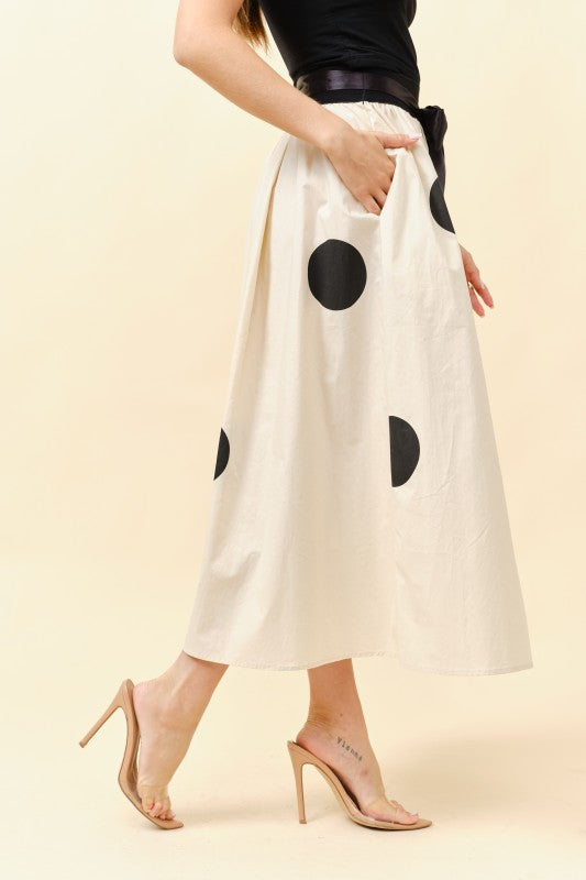 Polka Dot Midi Skirt- Beige