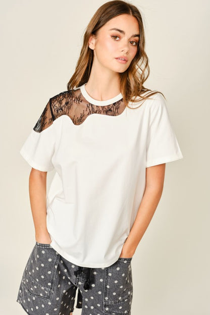 Lace shoulder cotton t-shirt