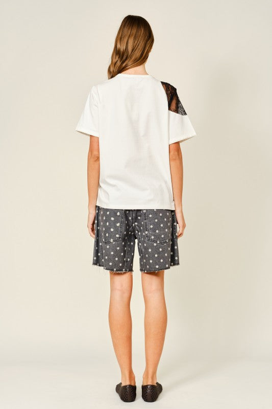 Lace shoulder cotton t-shirt