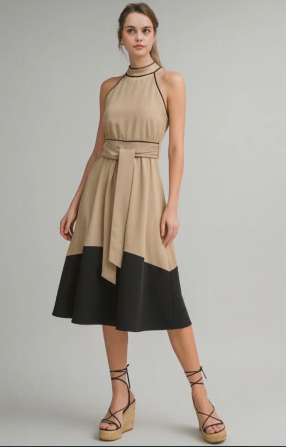 Two-Tone Halter Midi Dress