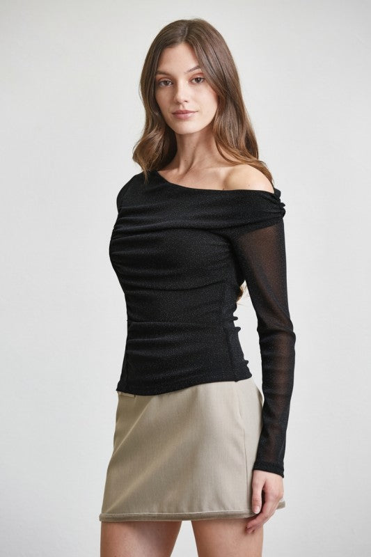 One Shoulder Sparkle Mesh Top