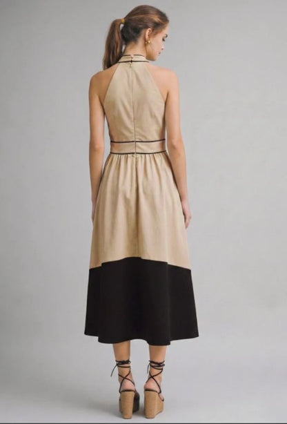 Two-Tone Halter Midi Dress