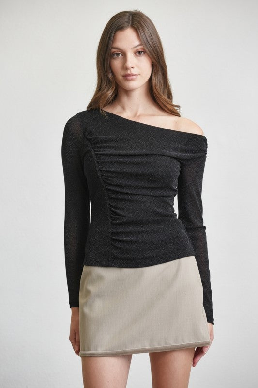 One Shoulder Sparkle Mesh Top
