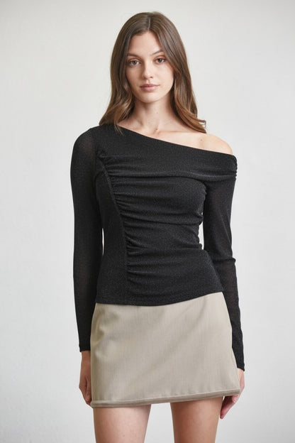 One Shoulder Sparkle Mesh Top