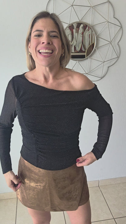 One Shoulder Sparkle Mesh Top