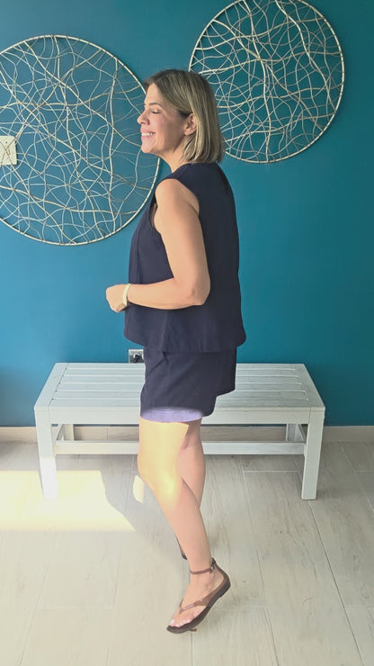 Sleeveless Color Denim Top And Matching Shorts Set