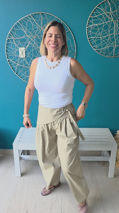 Light Olive Sarong Detail Barrel Leg Trouser Pants