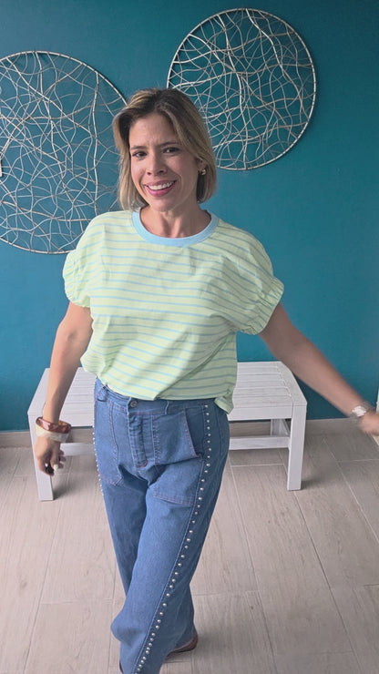 Honeydew & Blue Striped Top