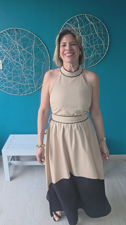Two-Tone Halter Midi Dress