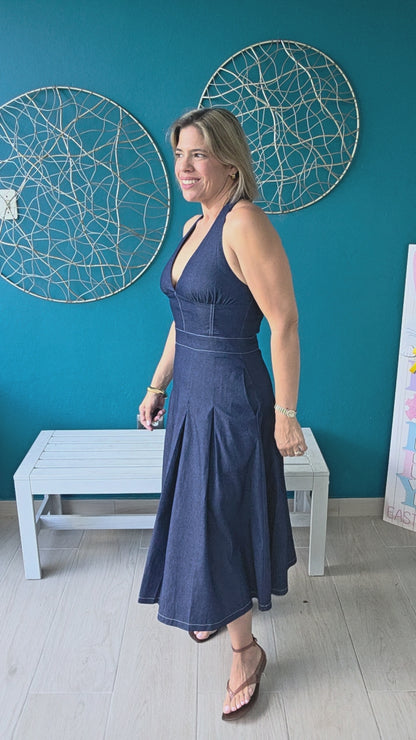Halter Denim Midi Dress