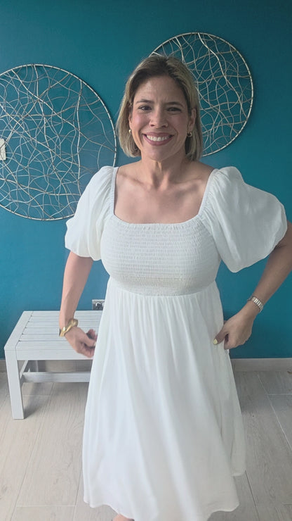 Smocked White Midi Dress