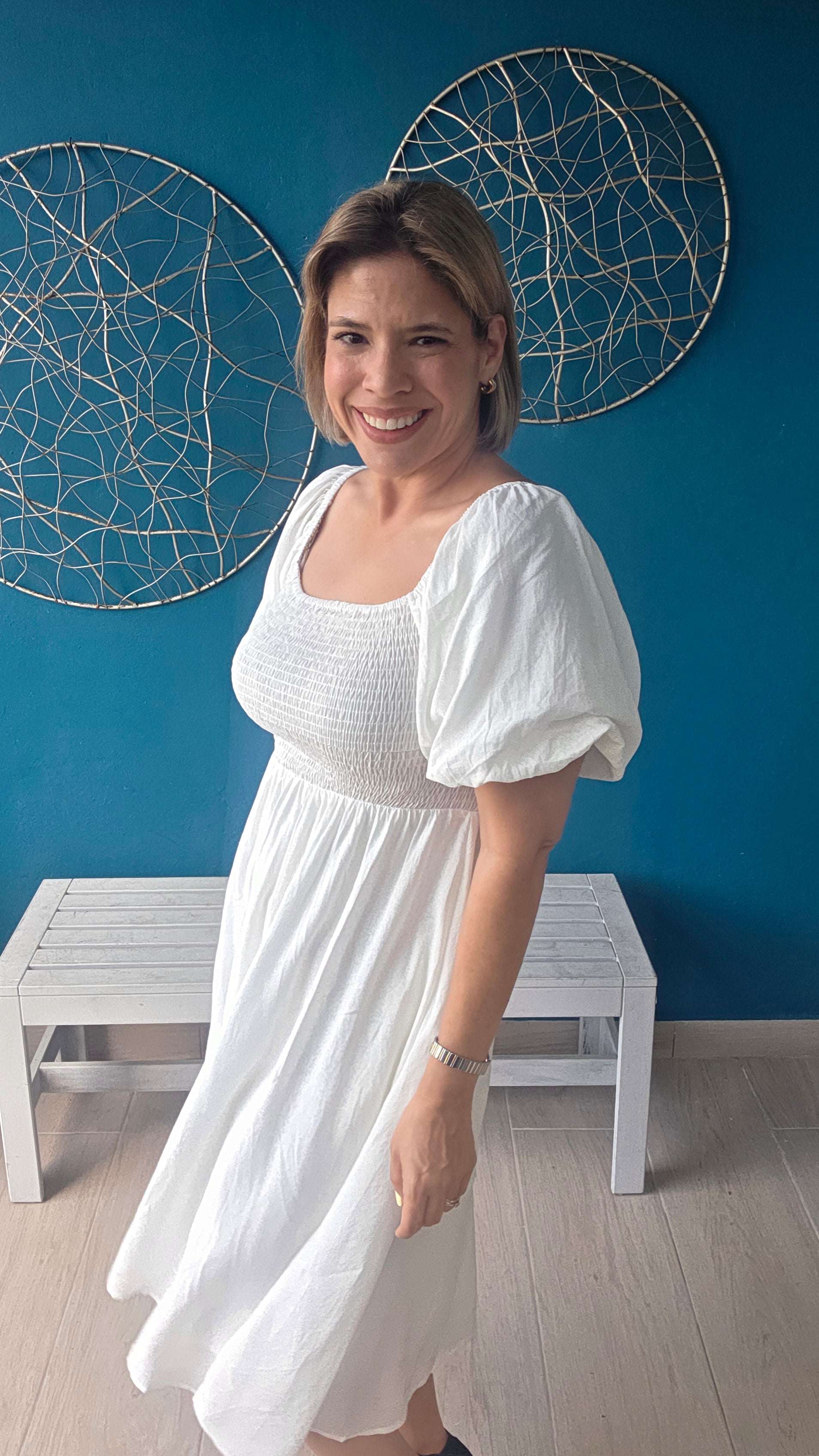 white smock dress Short Sleeve Button Front - Round Neck, Summer - Pure front accent adds a cute touch Women's White Cotton Button Down