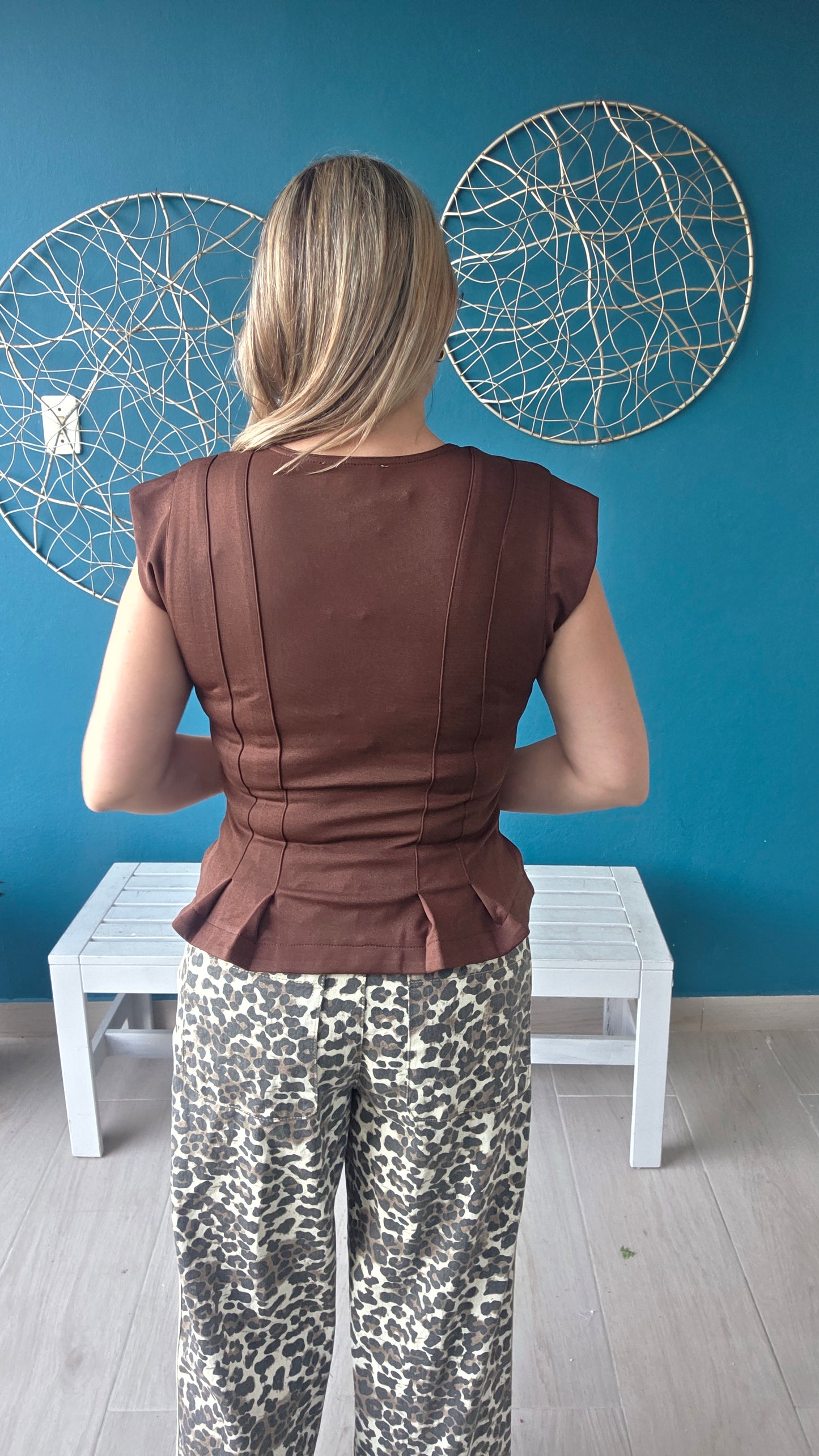 Brown Pleated Button Down Top