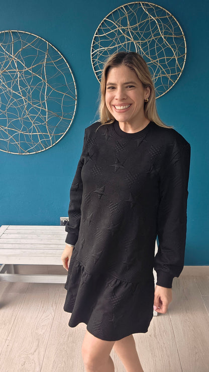 Star Textured Mini Dress Black