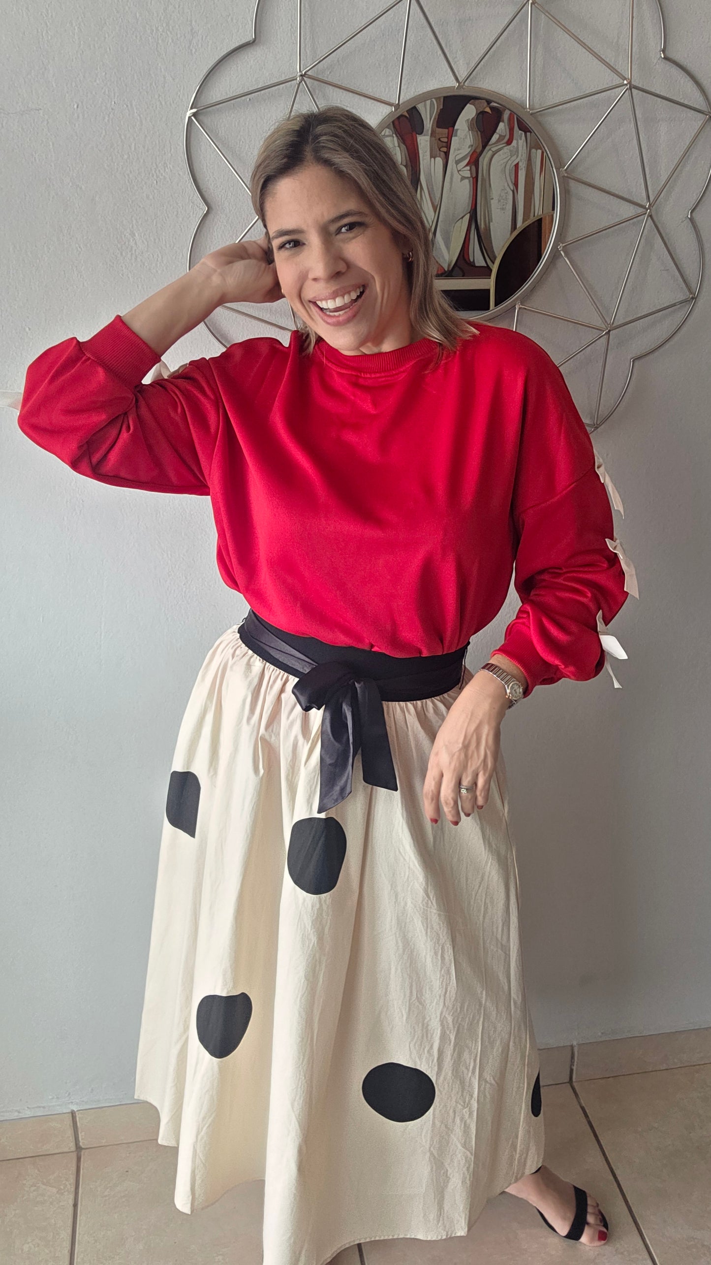 Polka Dot Midi Skirt- Beige