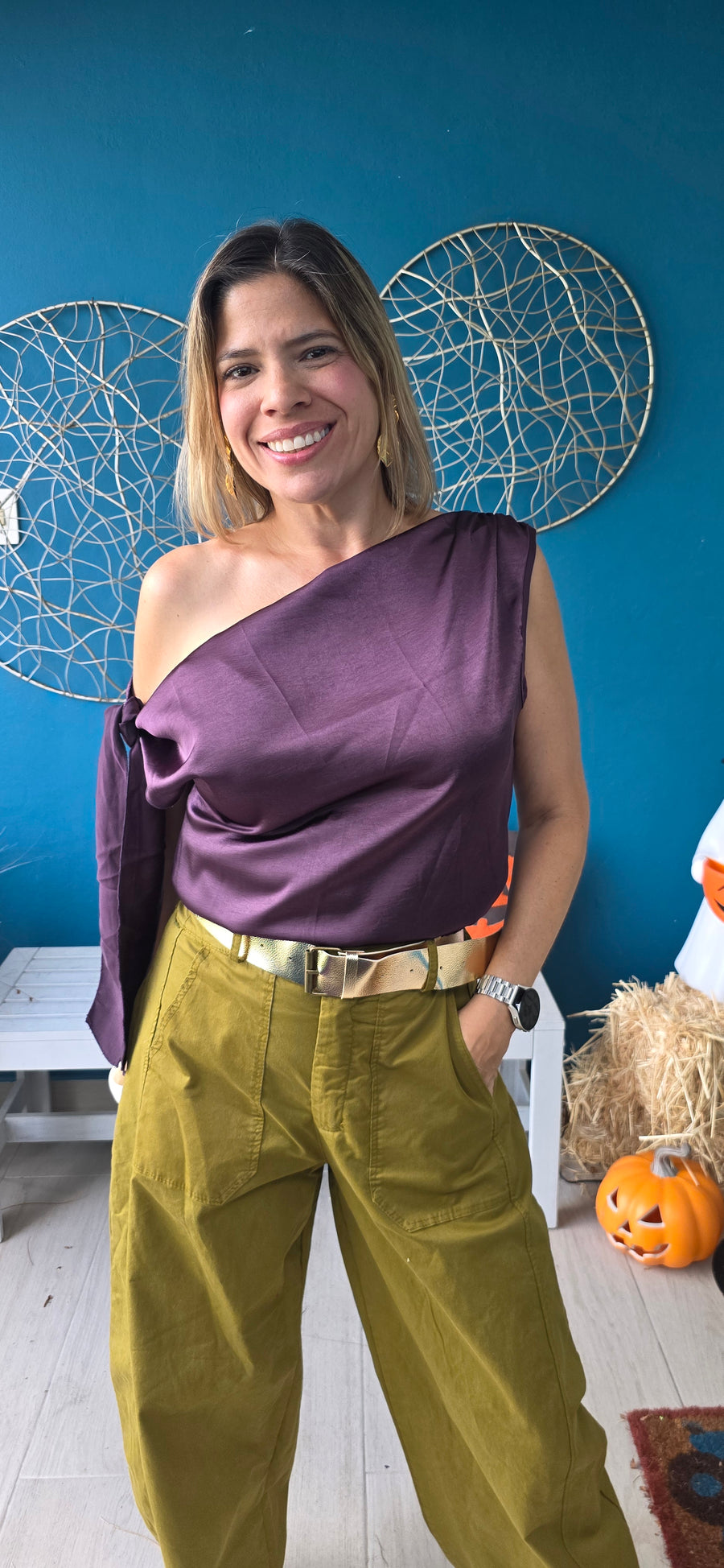 Plum Satin One-shoulder Draped Bow Blouse
