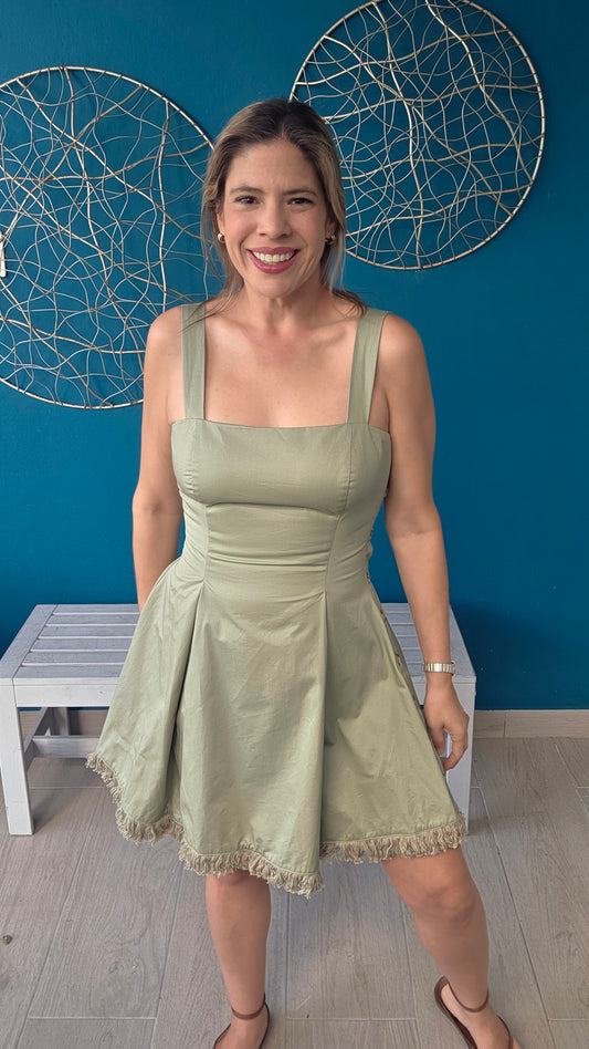 Square-neck Button-detail Mini Dress