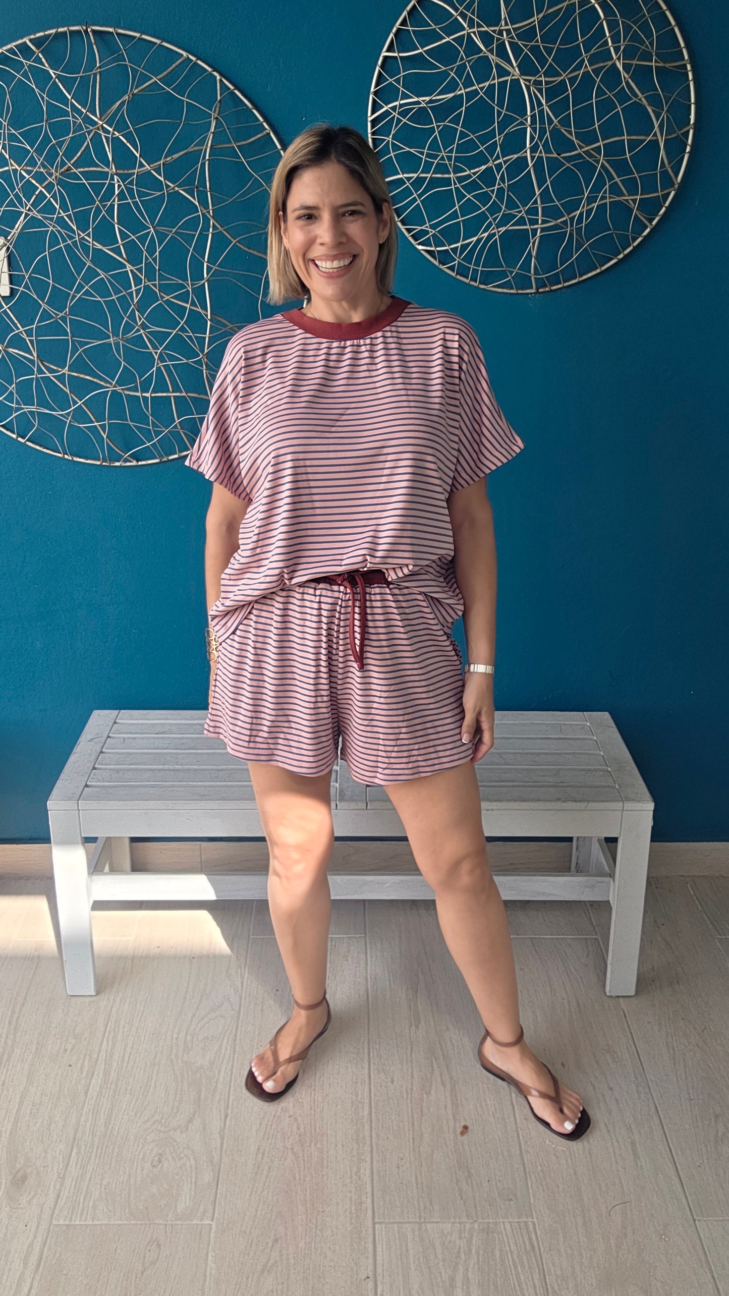 Loose Fit Striped Knit Top & Mini Shorts Set