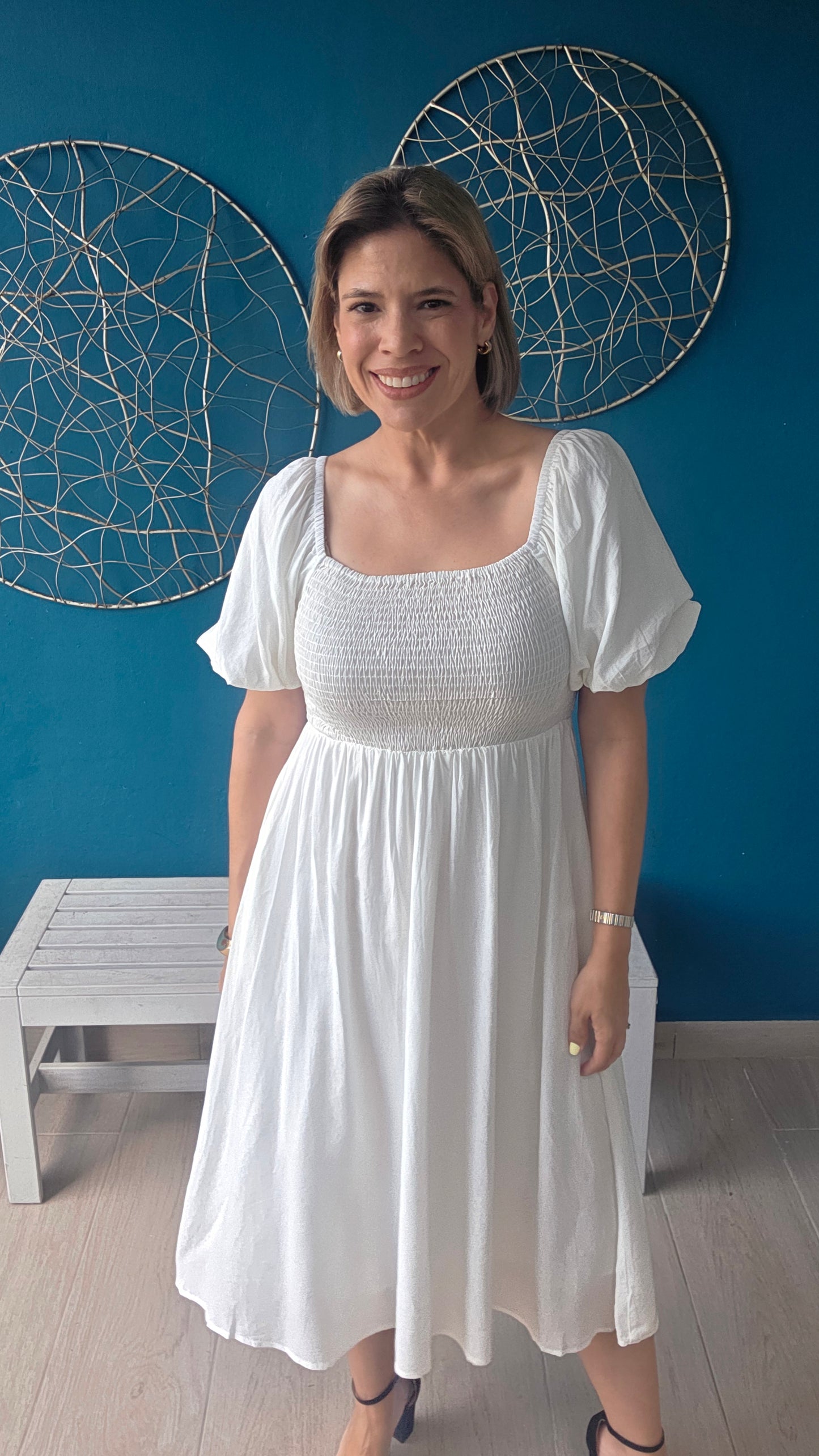 Smocked White Midi Dress