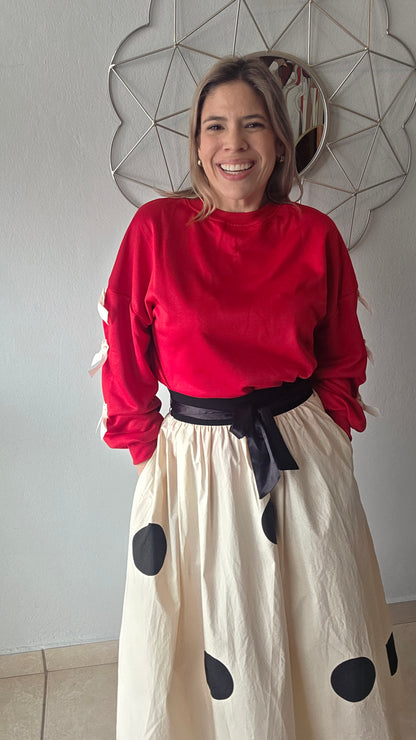 Polka Dot Midi Skirt- Beige