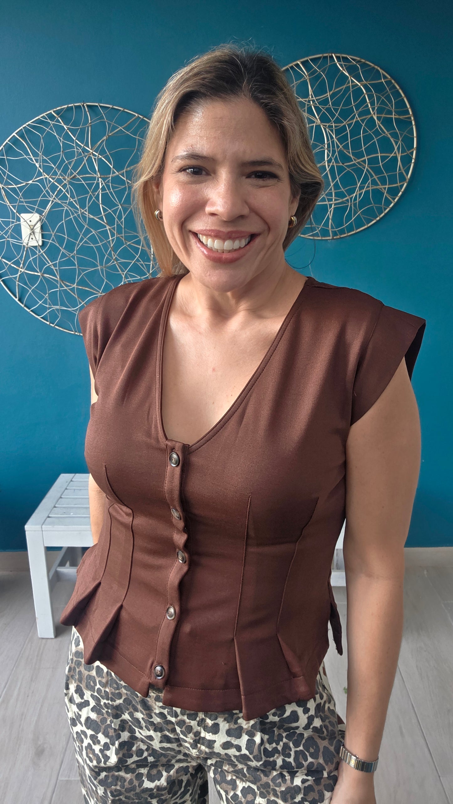 Brown Pleated Button Down Top