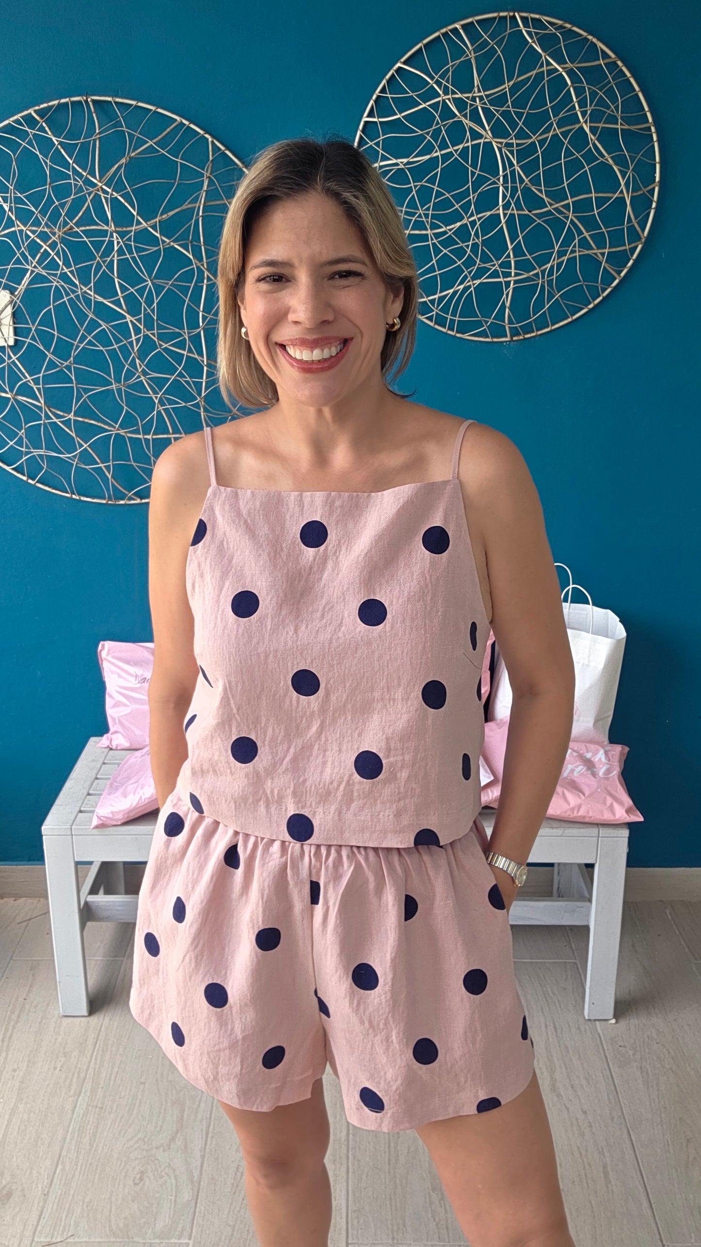Pink/Navy Polka Dot Short Set