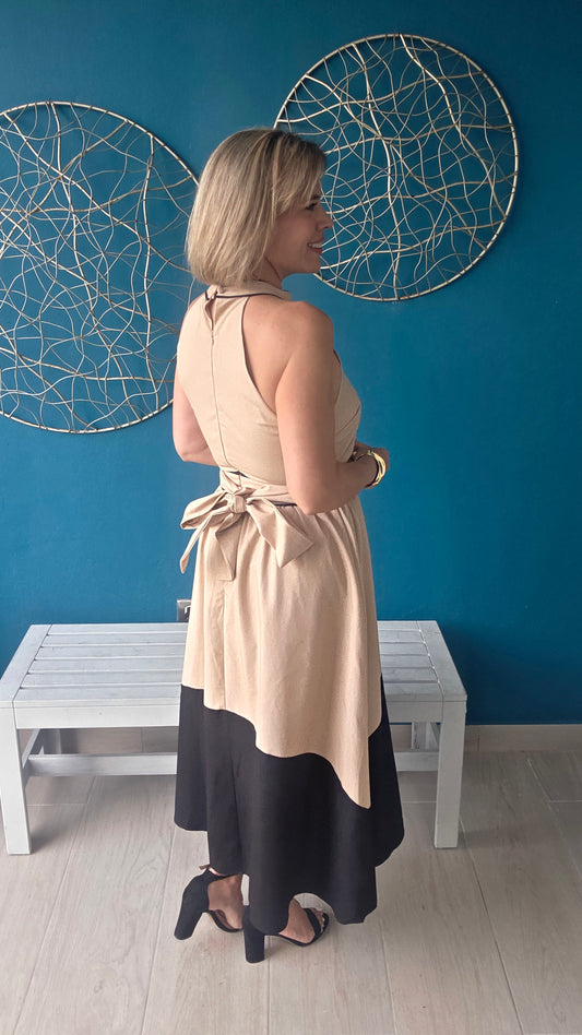 Two-Tone Halter Midi Dress