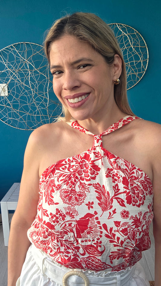 Halter Flowers Top - Red