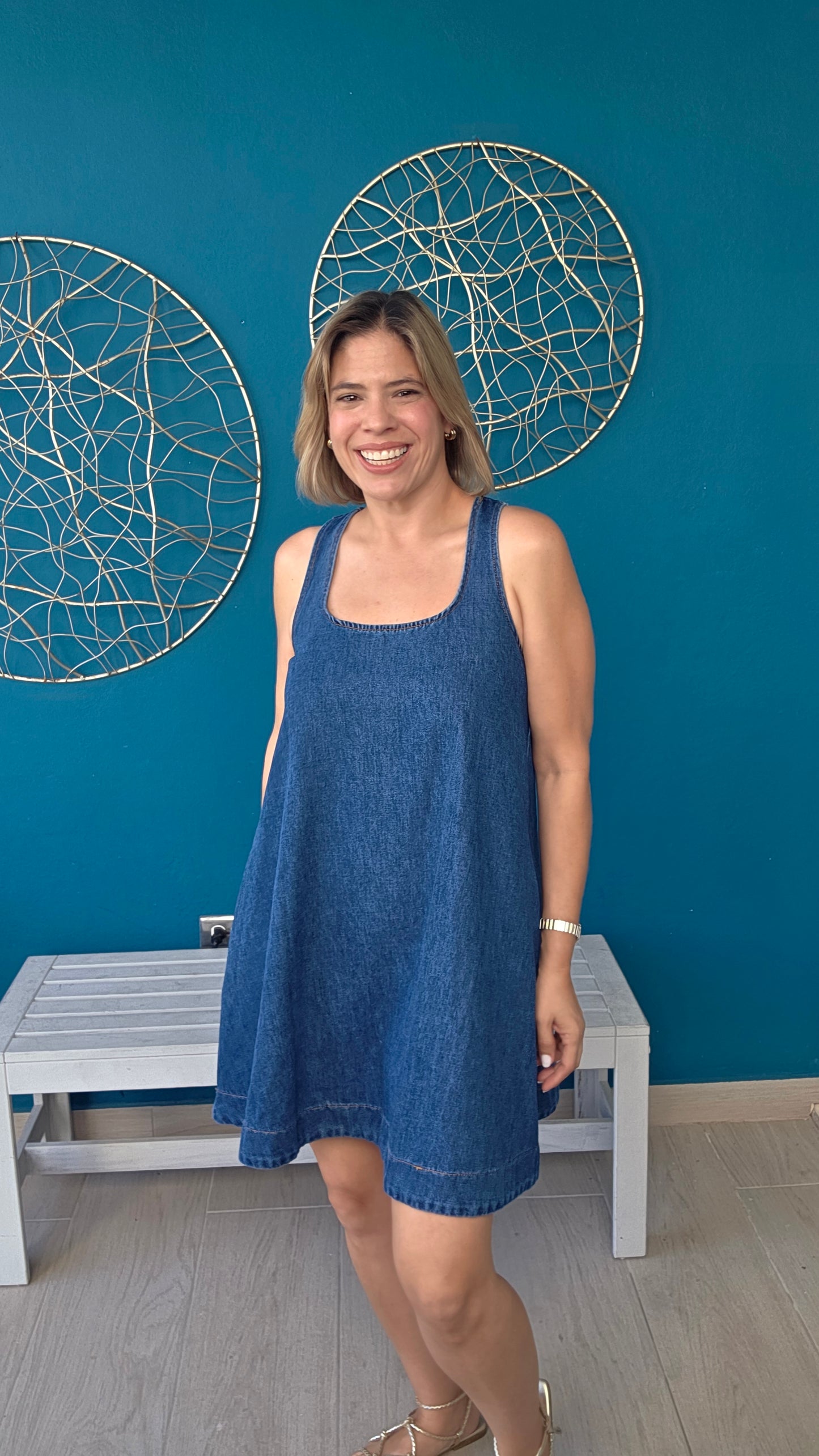 Buckle back denim mini dress