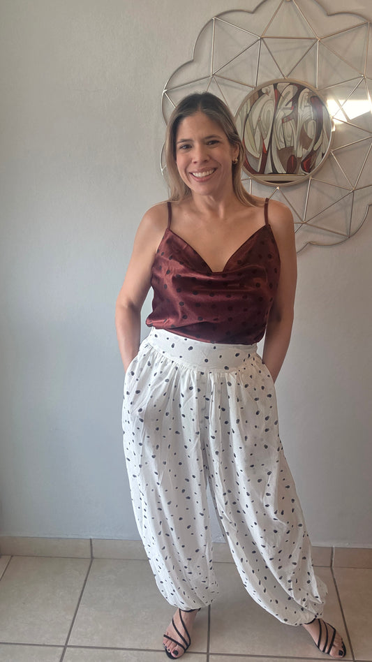 Ivory/Black Polka Dots Aladdin Pants