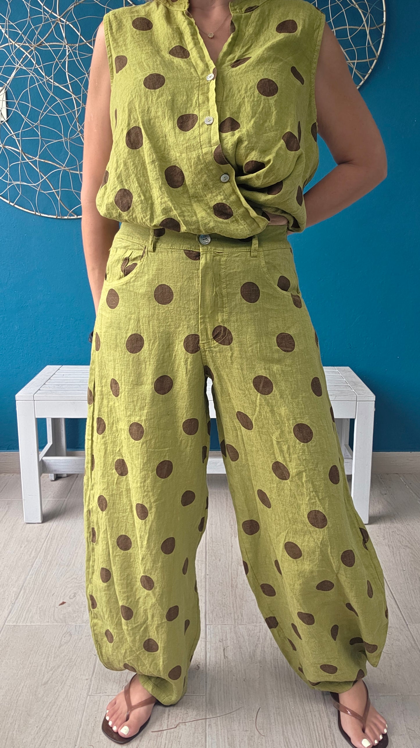 Polka Dot Linen Barrel Pants