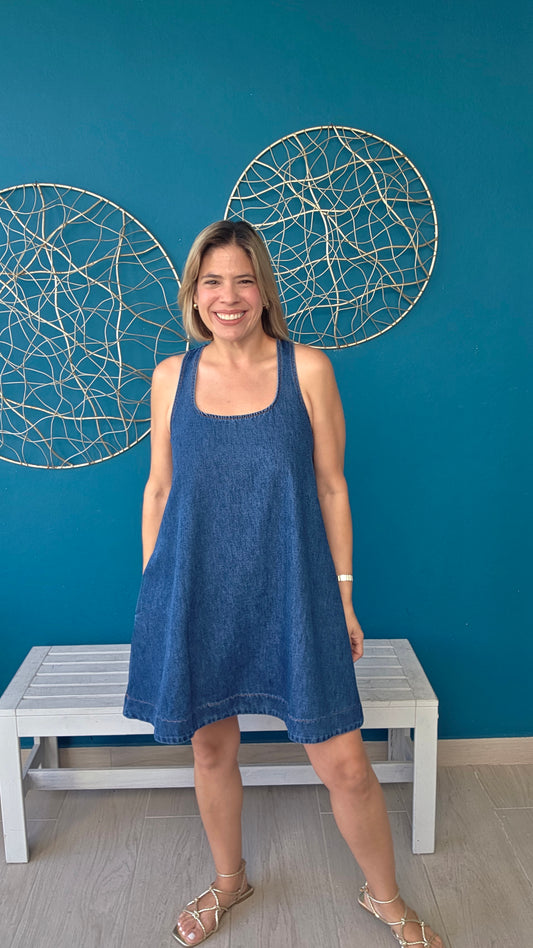 Buckle back denim mini dress