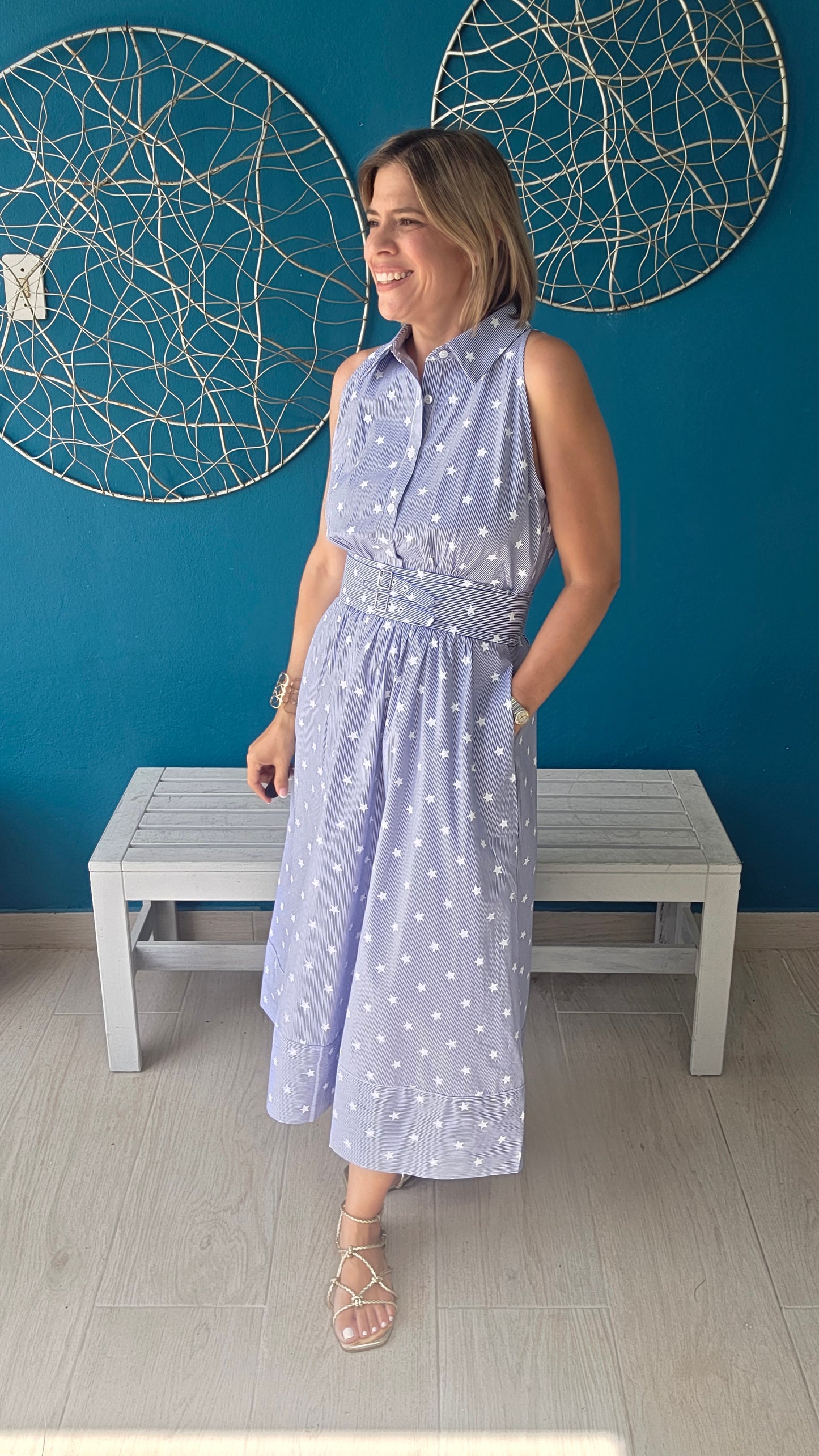 Stripes & Stars Belted Midi Dress