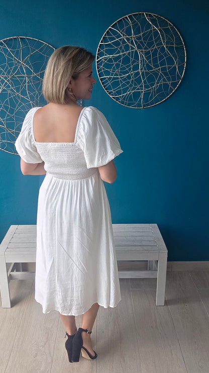 Smocked White Midi Dress