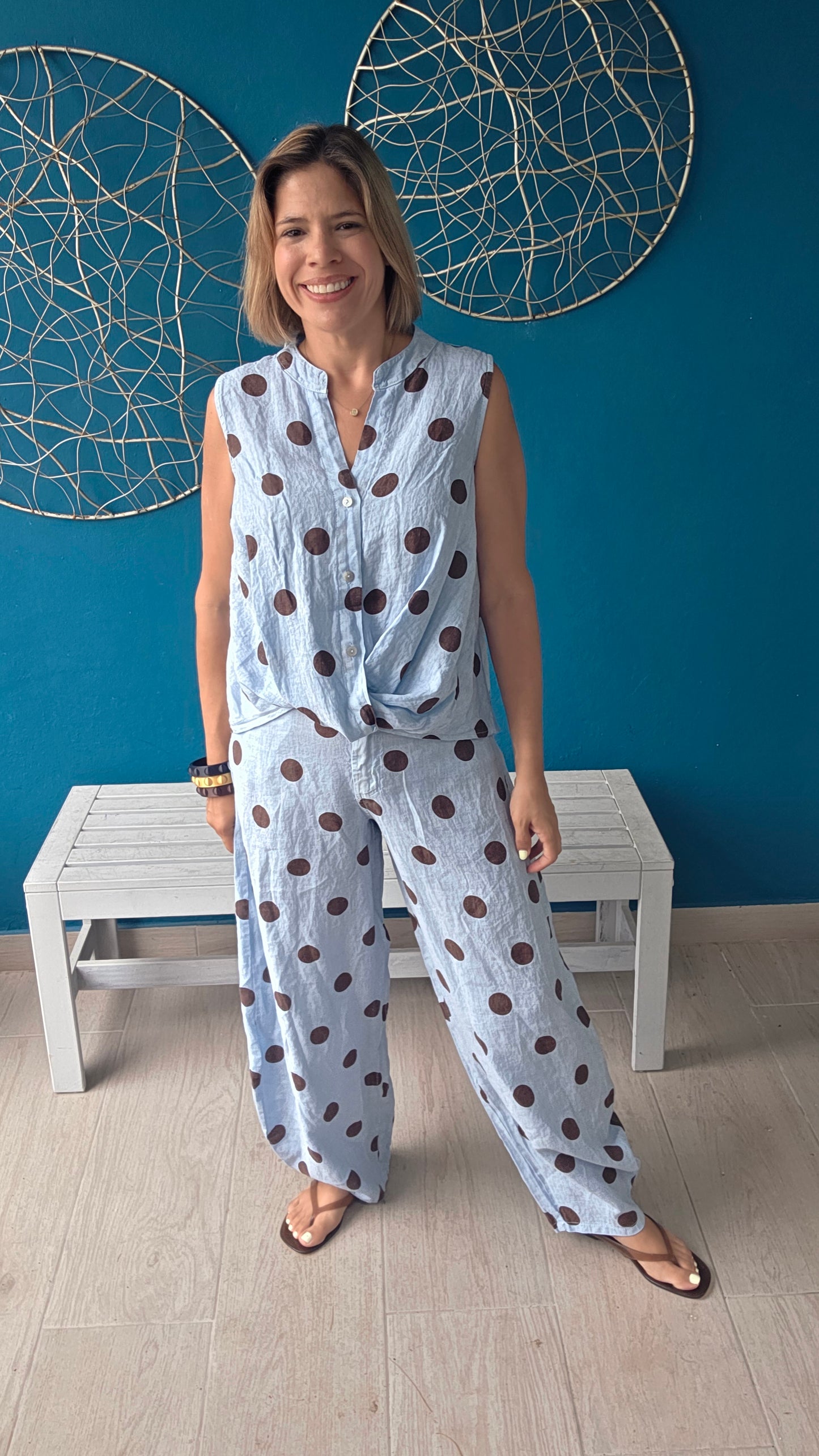 Polka Dot Linen Barrel Pants