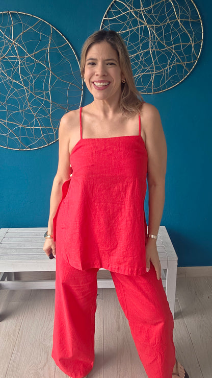 Red Linen Pants Set