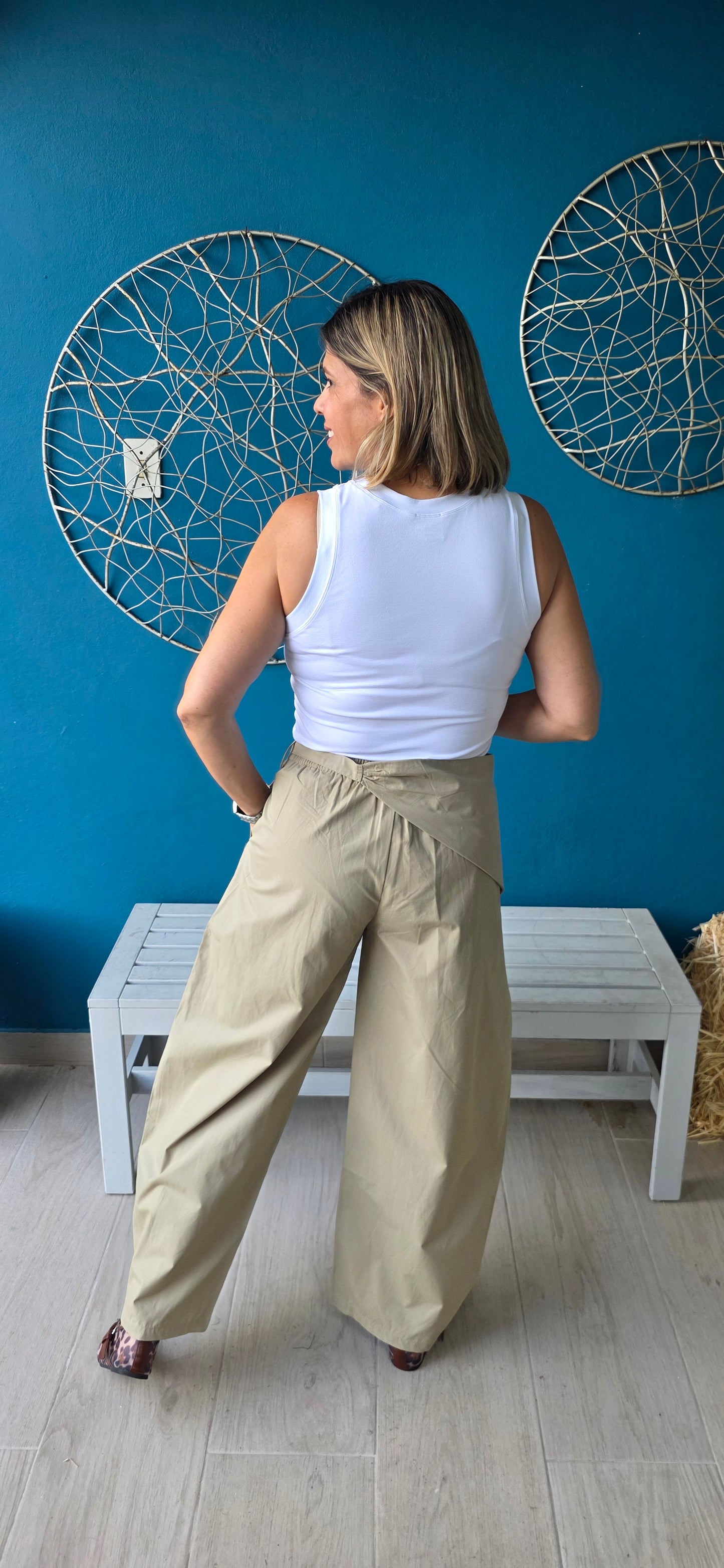 Light Olive Sarong Detail Barrel Leg Trouser Pants