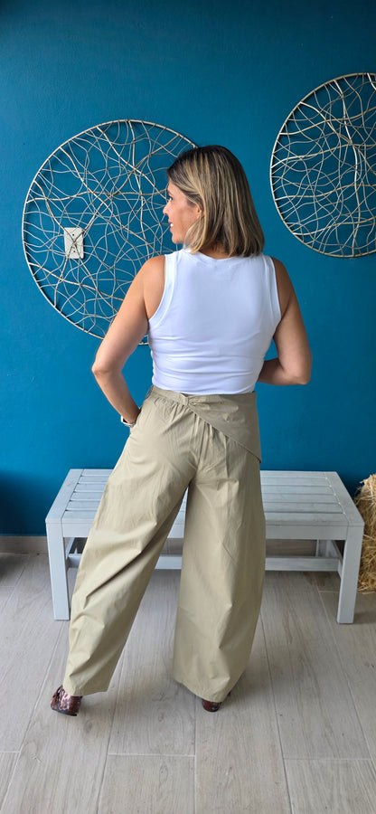 Light Olive Sarong Detail Barrel Leg Trouser Pants
