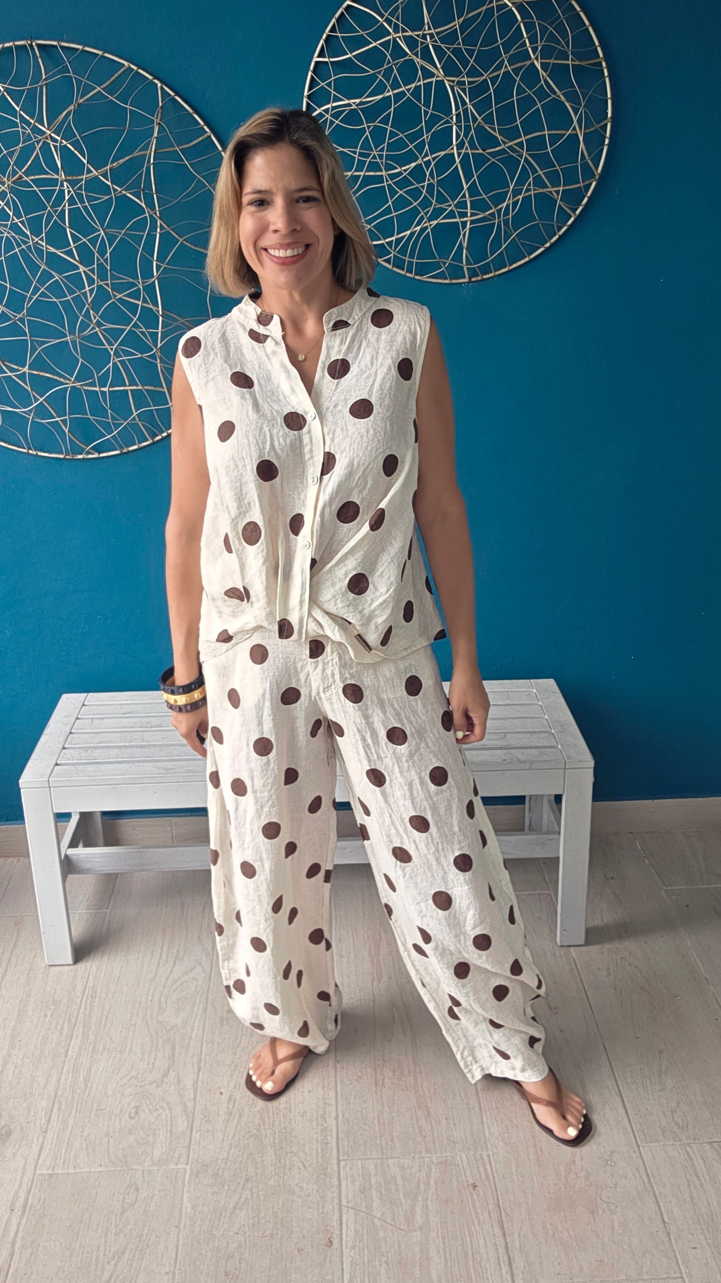 Polka Dot Linen Barrel Pants