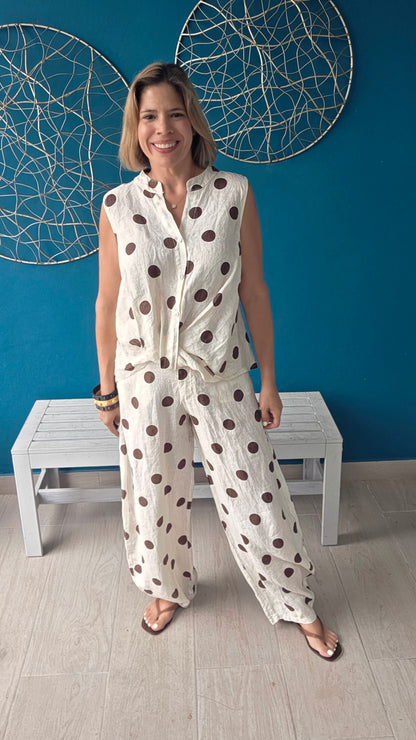 Polka Dot Linen Barrel Pants