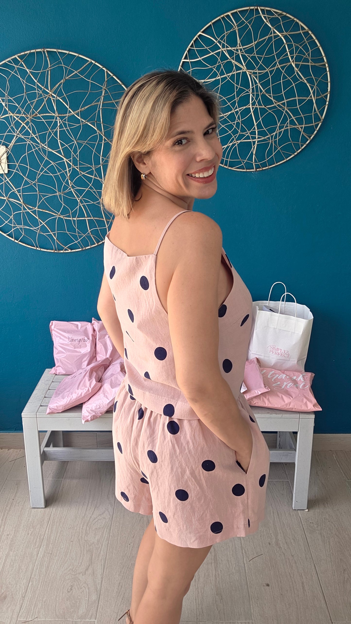 Pink/Navy Polka Dot Short Set