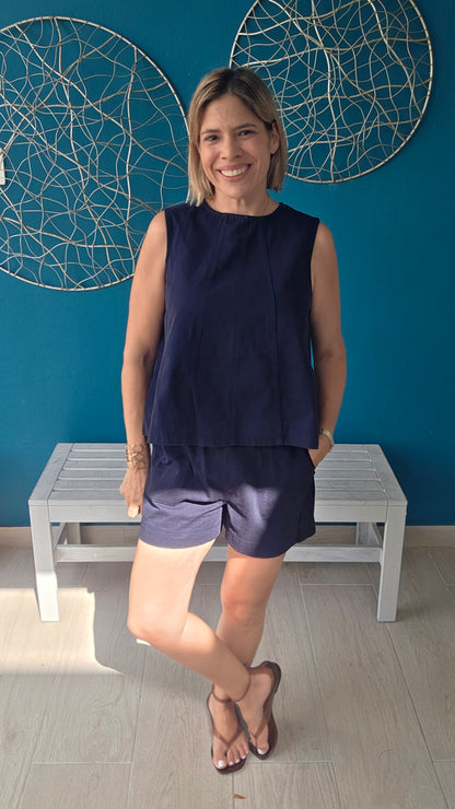 Sleeveless Color Denim Top And Matching Shorts Set