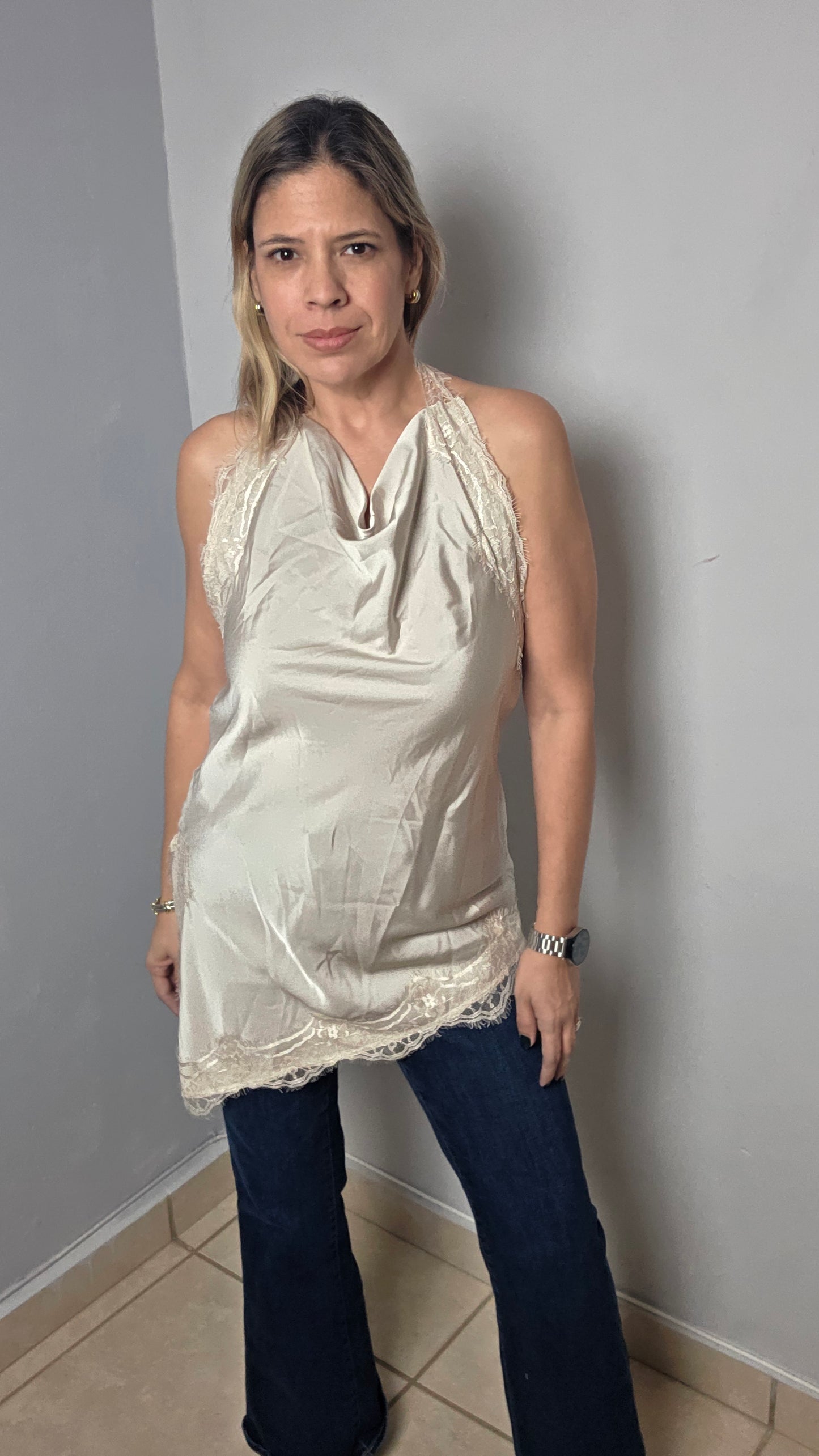 Satin Lace Asymmetrical Halter Top