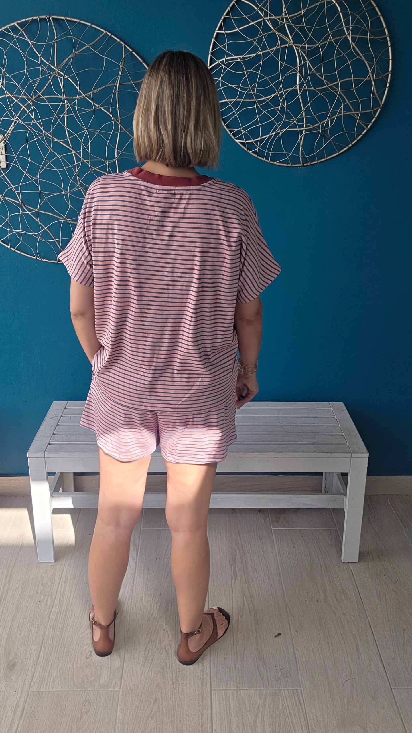 Loose Fit Striped Knit Top & Mini Shorts Set