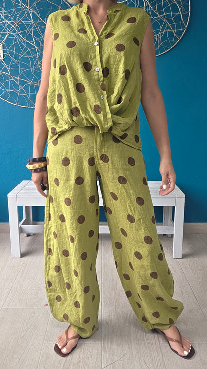 Polka Dot Linen Barrel Pants